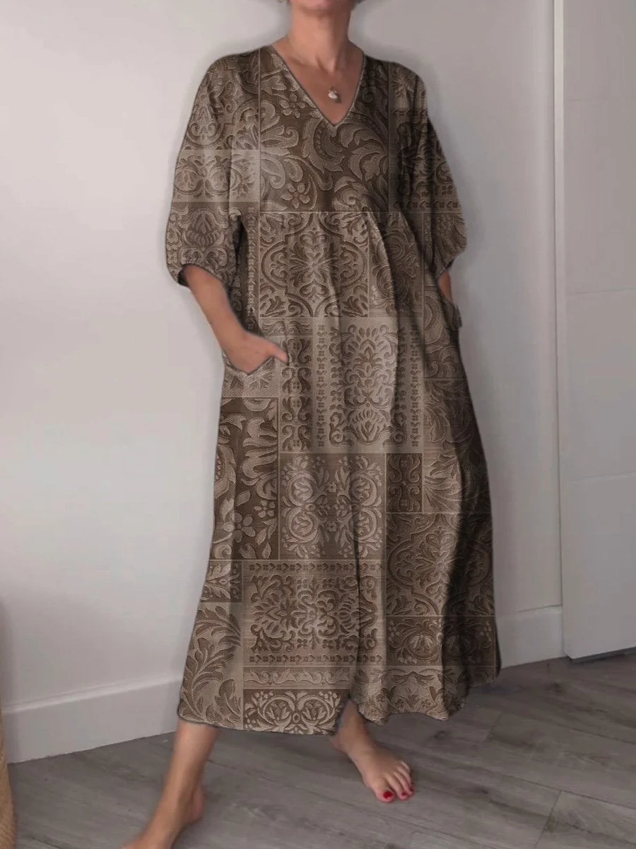 70s Vintage Style Pattern Printed Women's Pocket V-Neck Cotton Dress