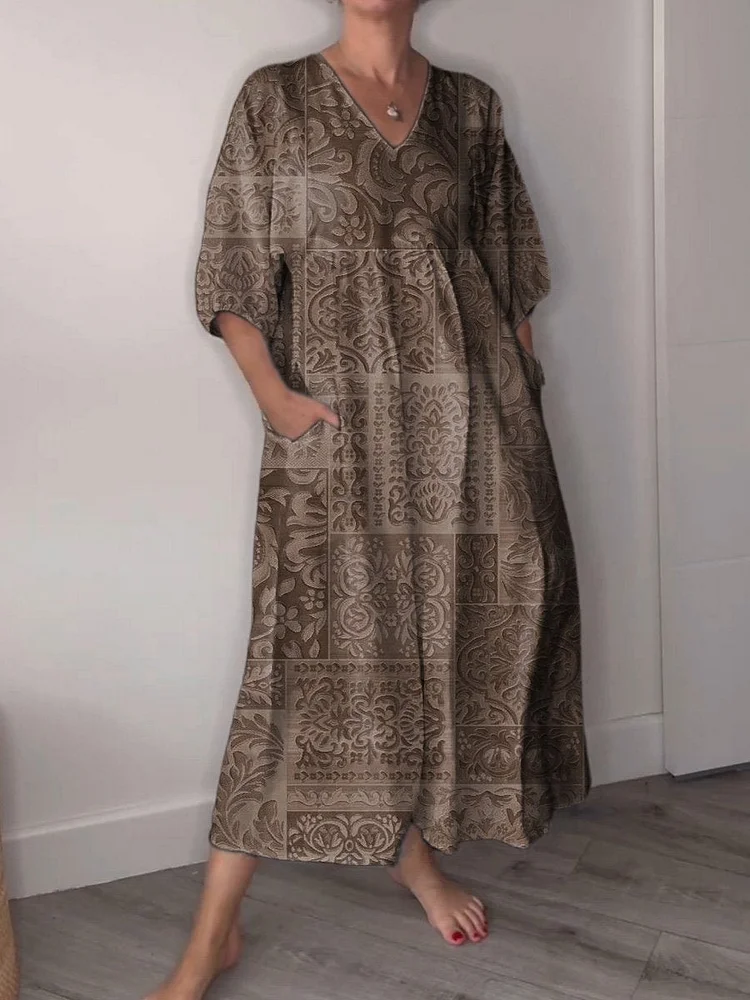 70s Vintage Style Pattern Printed Women's Pocket V-Neck Cotton Dress