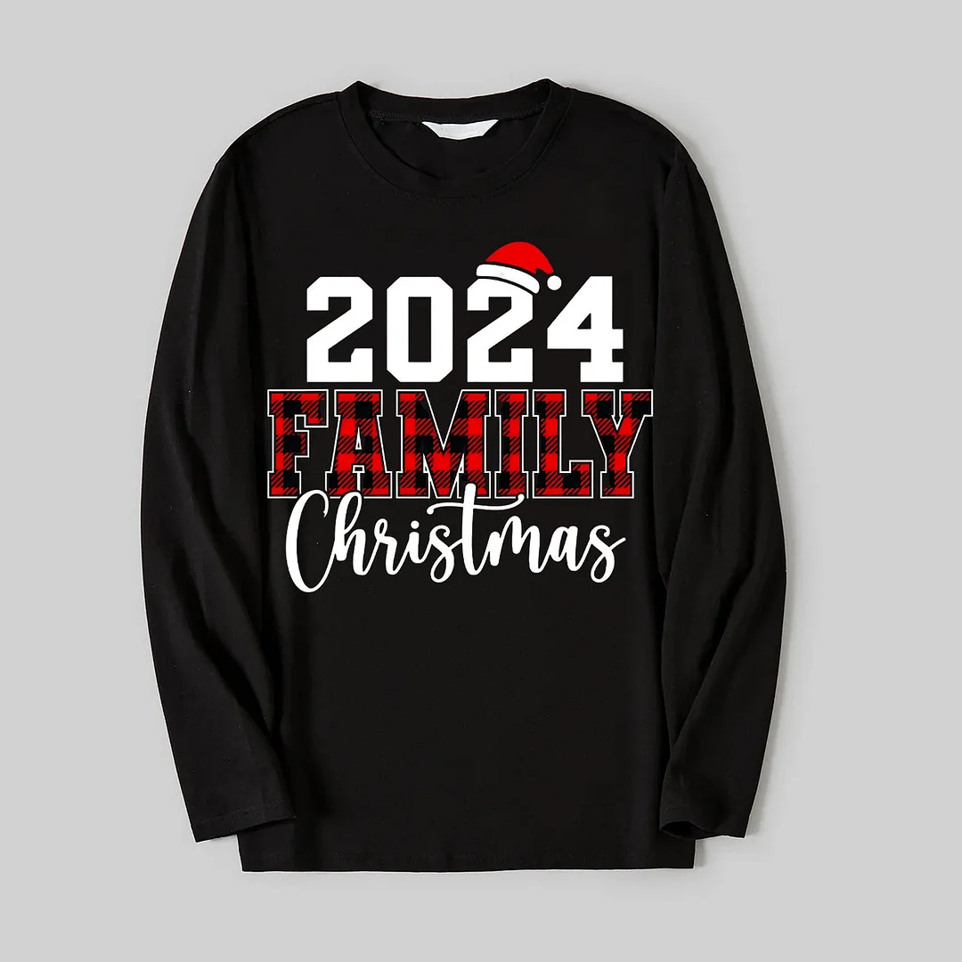 "Family Christmas 2024" Text Printed Red and White Plaid Family Matching Pajamas