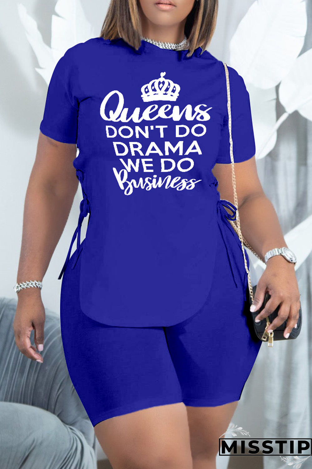 Blue Casual Print Slit O Neck Short Sleeve Two Pieces