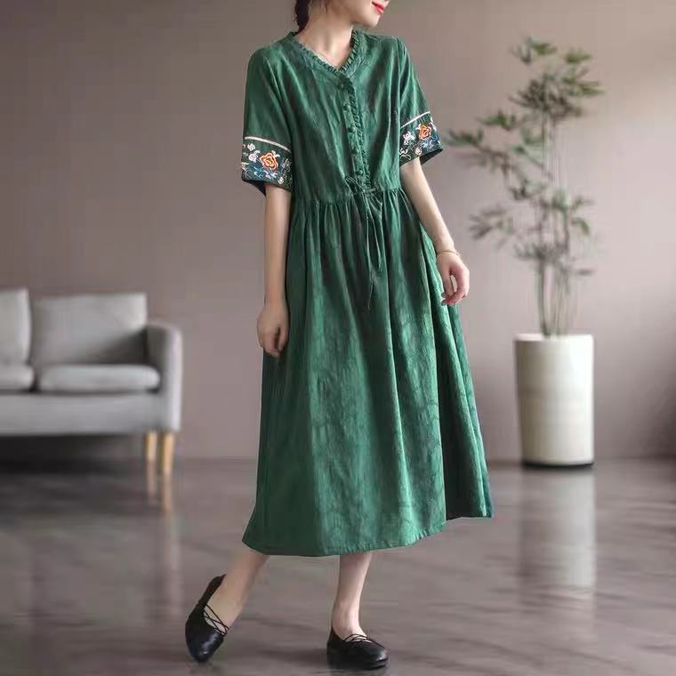 Women Cotton Linen Vintage V-neck Floral Embroidery Dress