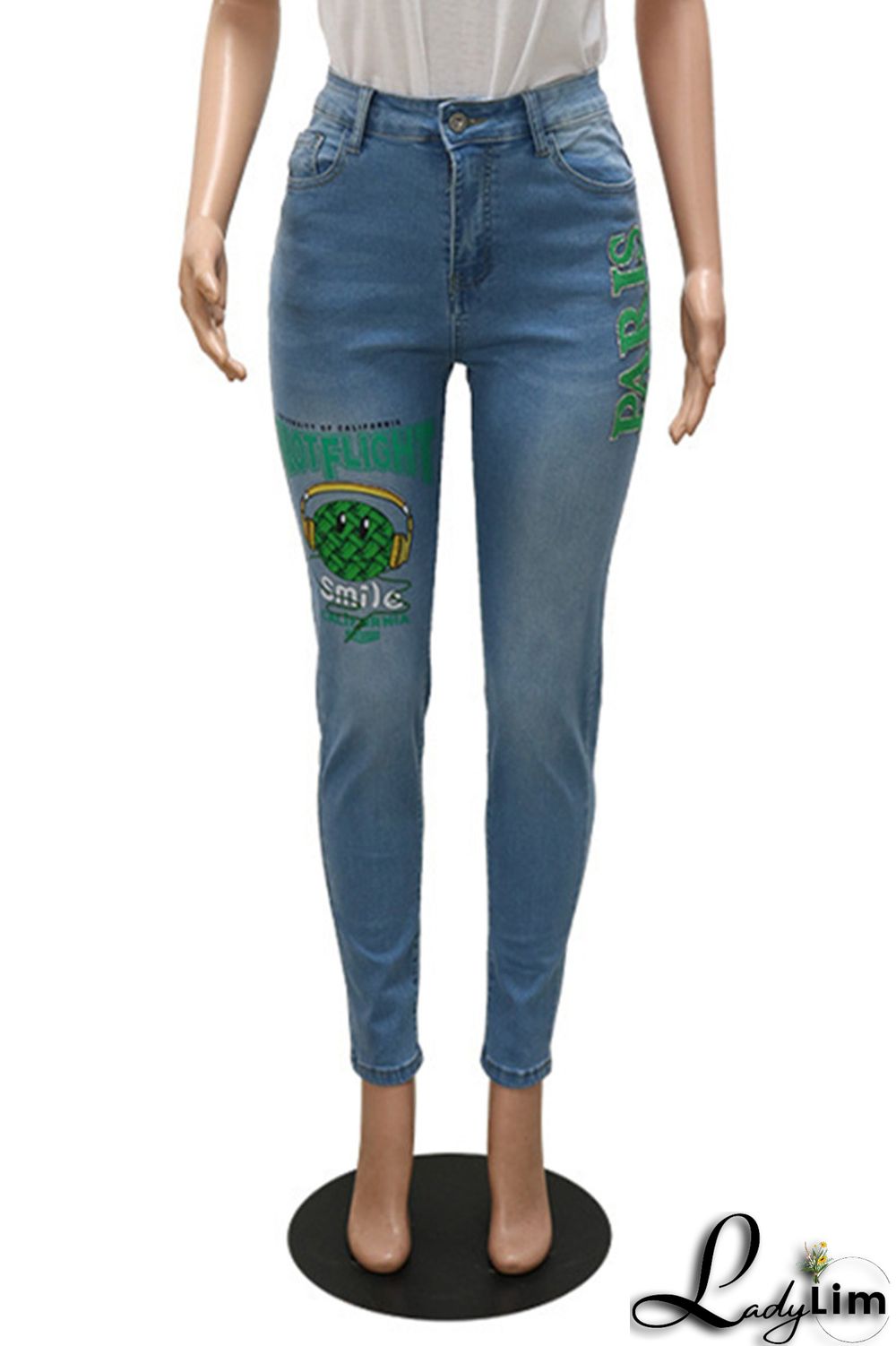 Black Fashion Casual Print Basic Mid Waist Skinny Denim Jeans