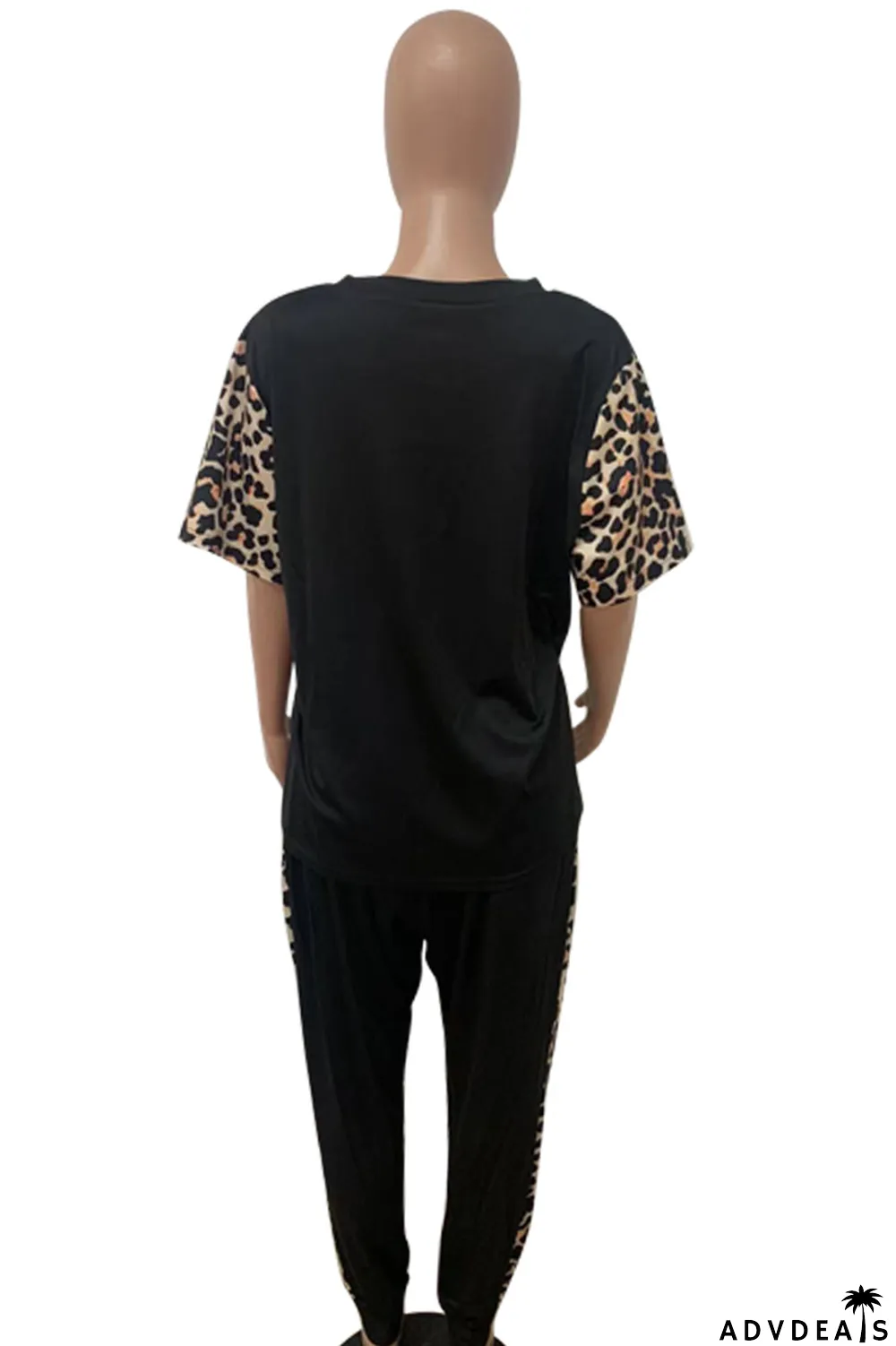 Black Casual Leopard Patchwork O Neck Plus Size Two Pieces