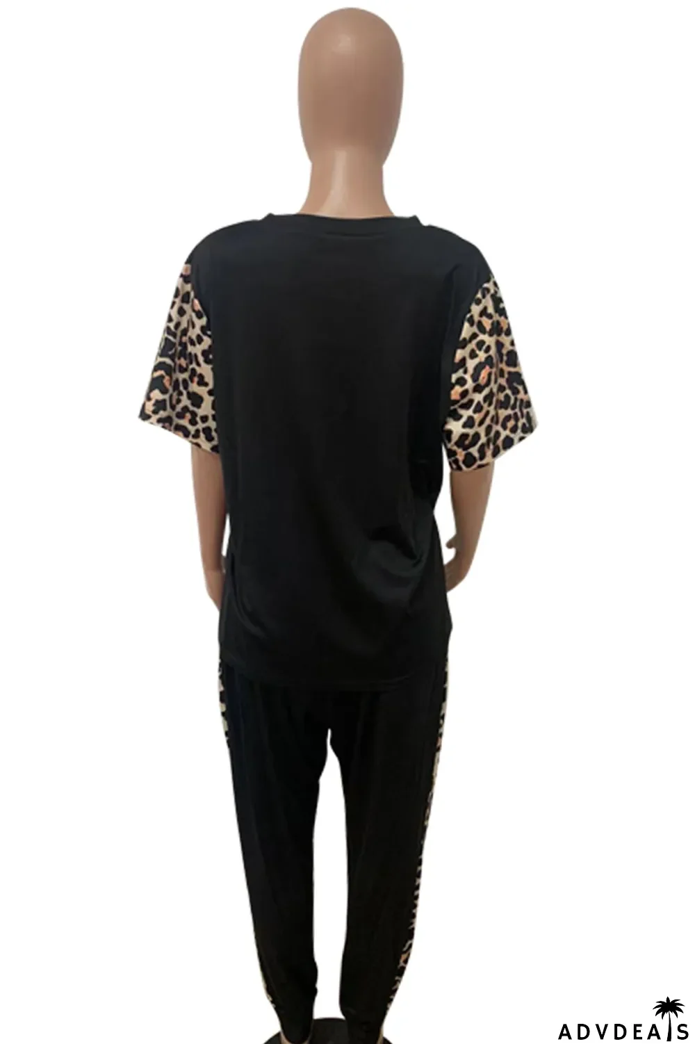 Black Casual Leopard Patchwork O Neck Plus Size Two Pieces
