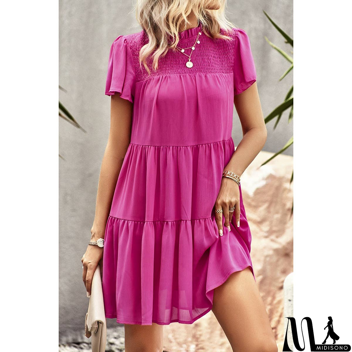 MidiSono - Loose Fit Solid Ruched Color Block Dress