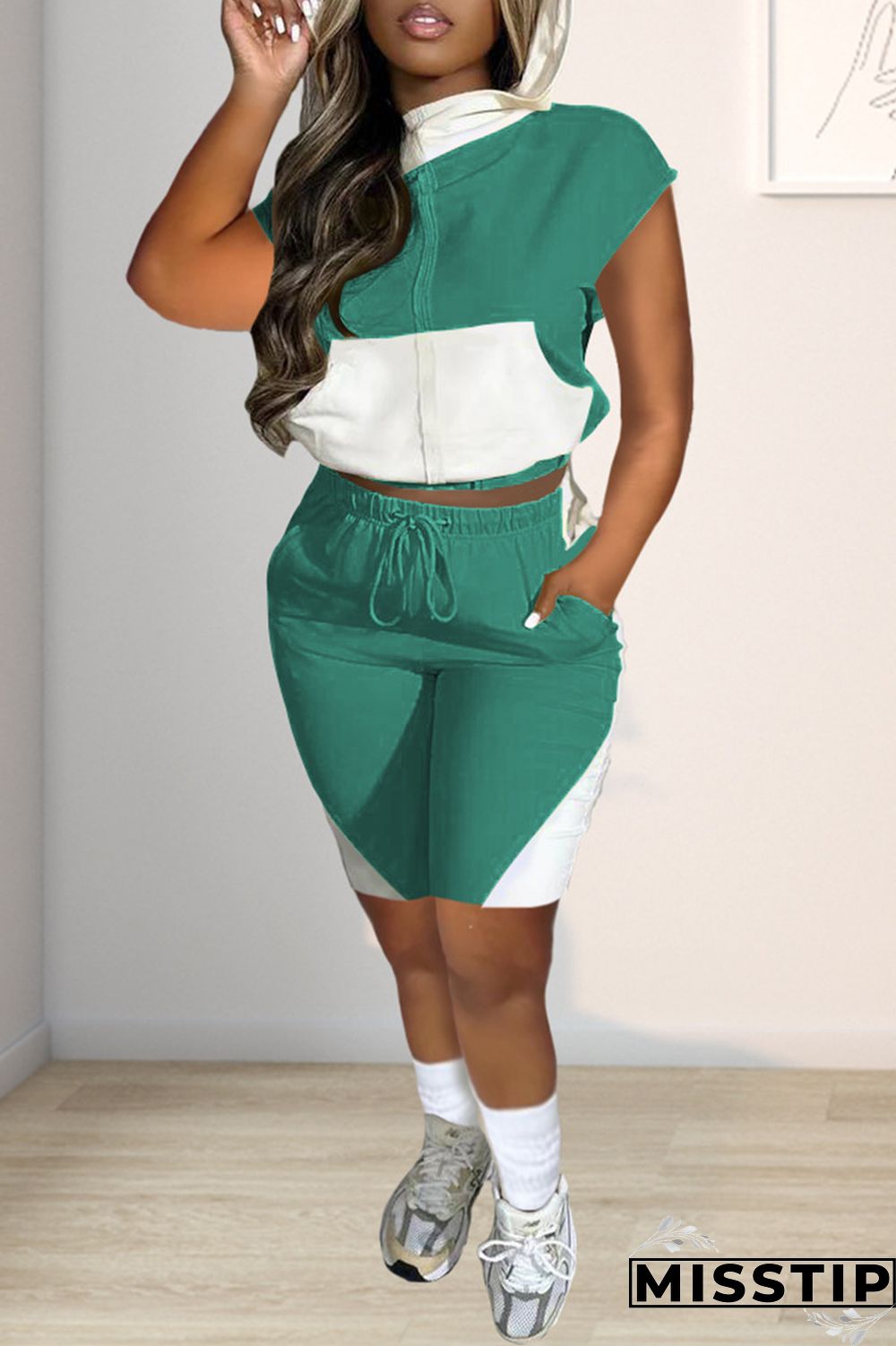 Green Casual Solid Patchwork Contrast Hooded Collar Short Sleeve Two Pieces