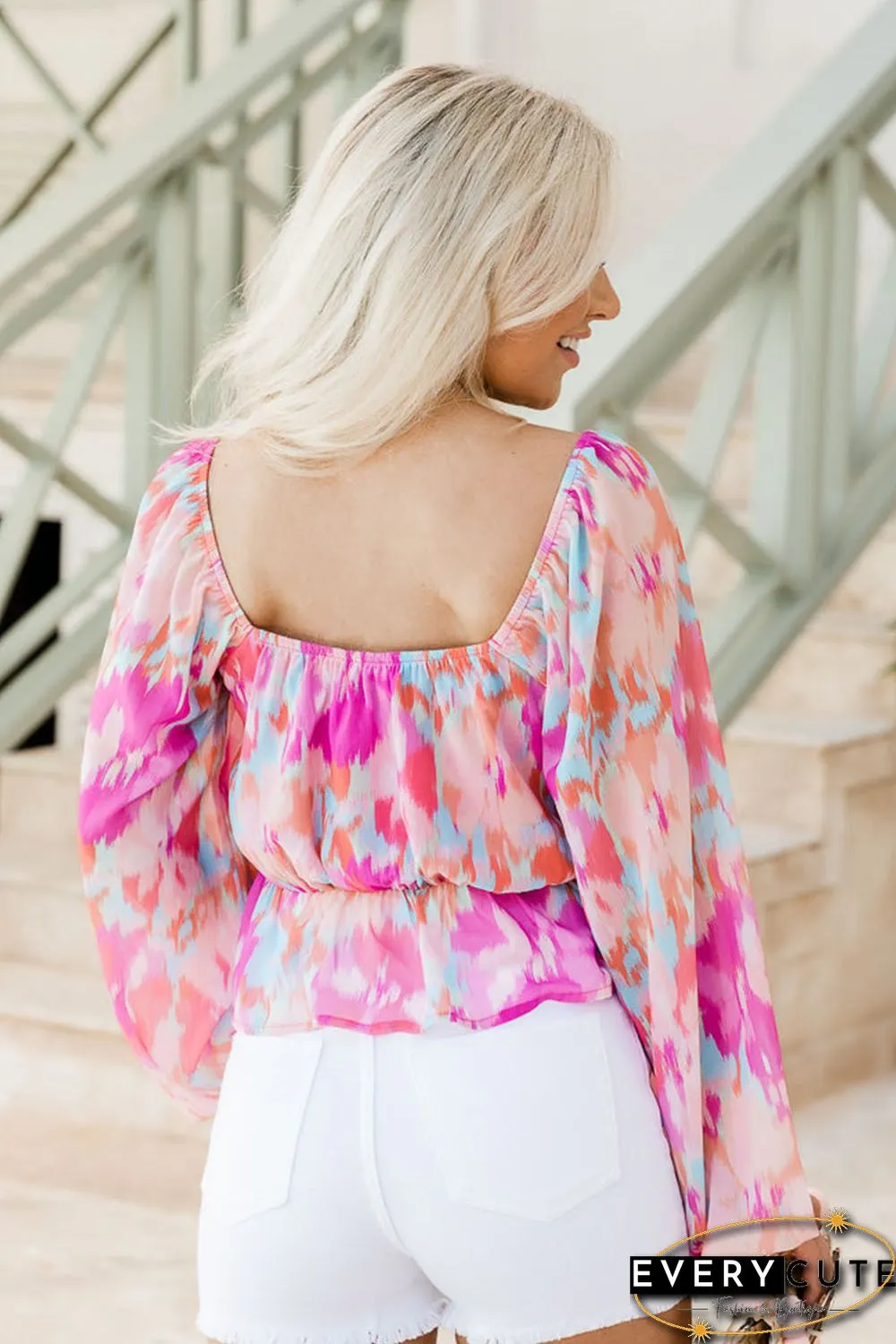 Pink Watercolor Abstract Print Pleated Long Sleeve Blouse