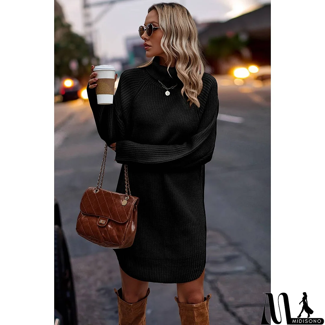 MidiSono - Thick Knit Roll Neck Solid Loose Fit Sweater Dress
