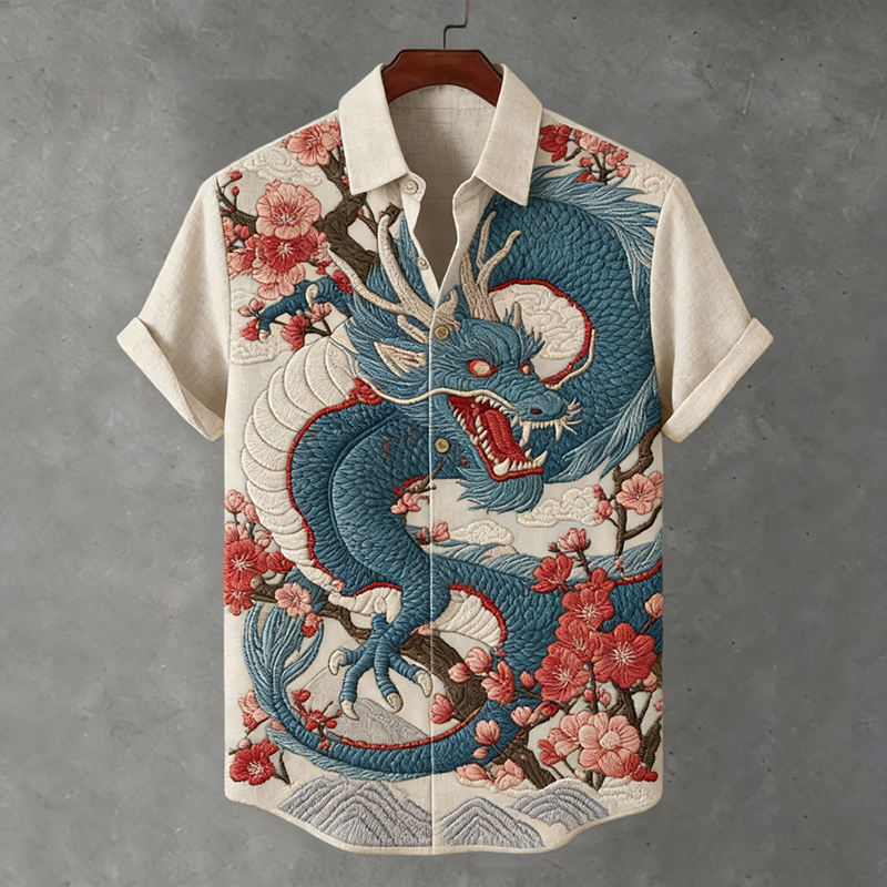 Men's Japanese-style Linen Short-sleeved Shirt With Dragon And Floral Patterns  artssus