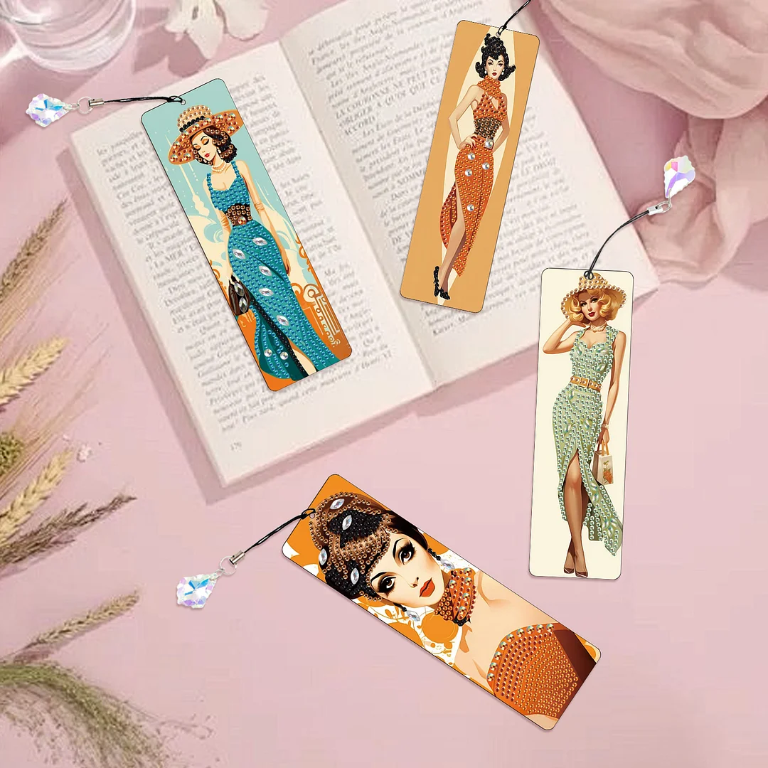 4Pcs Retro Urban Beauty DIY Diamond Bookmark Art Projects Irregular Shaped Diamonds Diamond Painting Art Bookmarks with Crystal Pendants for DIY Making Beginners Adult Art Craft Supplies