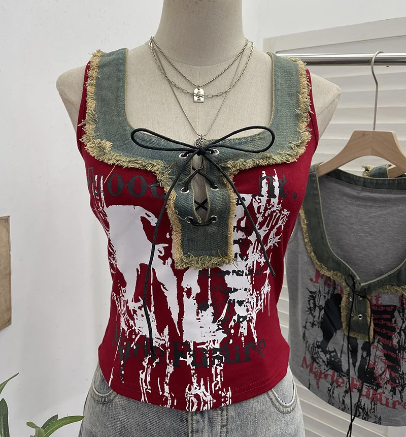 Nigikala Nigikala Shooting Hottie Hairy Denim Spliced Printed Vest With Bows Short Sleeveless Top 8926