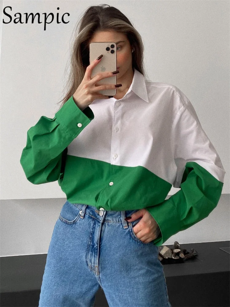 Sampic Women Blouse Tops 2021 Long Sleeve Loose Sexy Casual Patchwork Green Basic Fashion Shirt Blouse Tops Winter