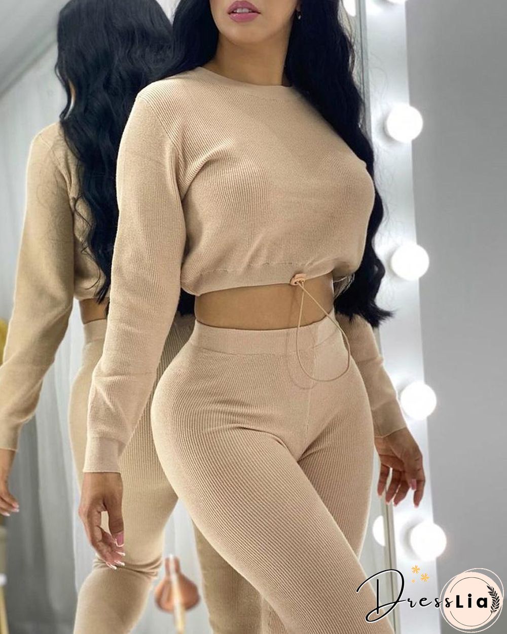 Plain Drawstring Long Sleeve Crop Top & High Waist Pants Set