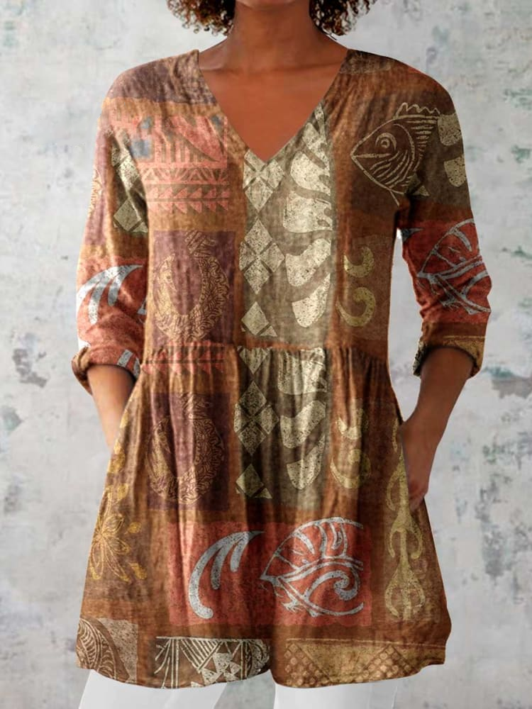 Womens Art Mural Geometric Pattern Casual Linen V-Neck Shirt
