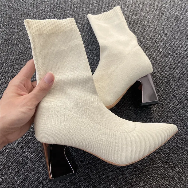 2022 Women Stretch Knitted Sock Boots 7cm 9cm High Heels White Ankle Boots Stripper Low Block Heel Lady Warm Winter Chunky Shoes