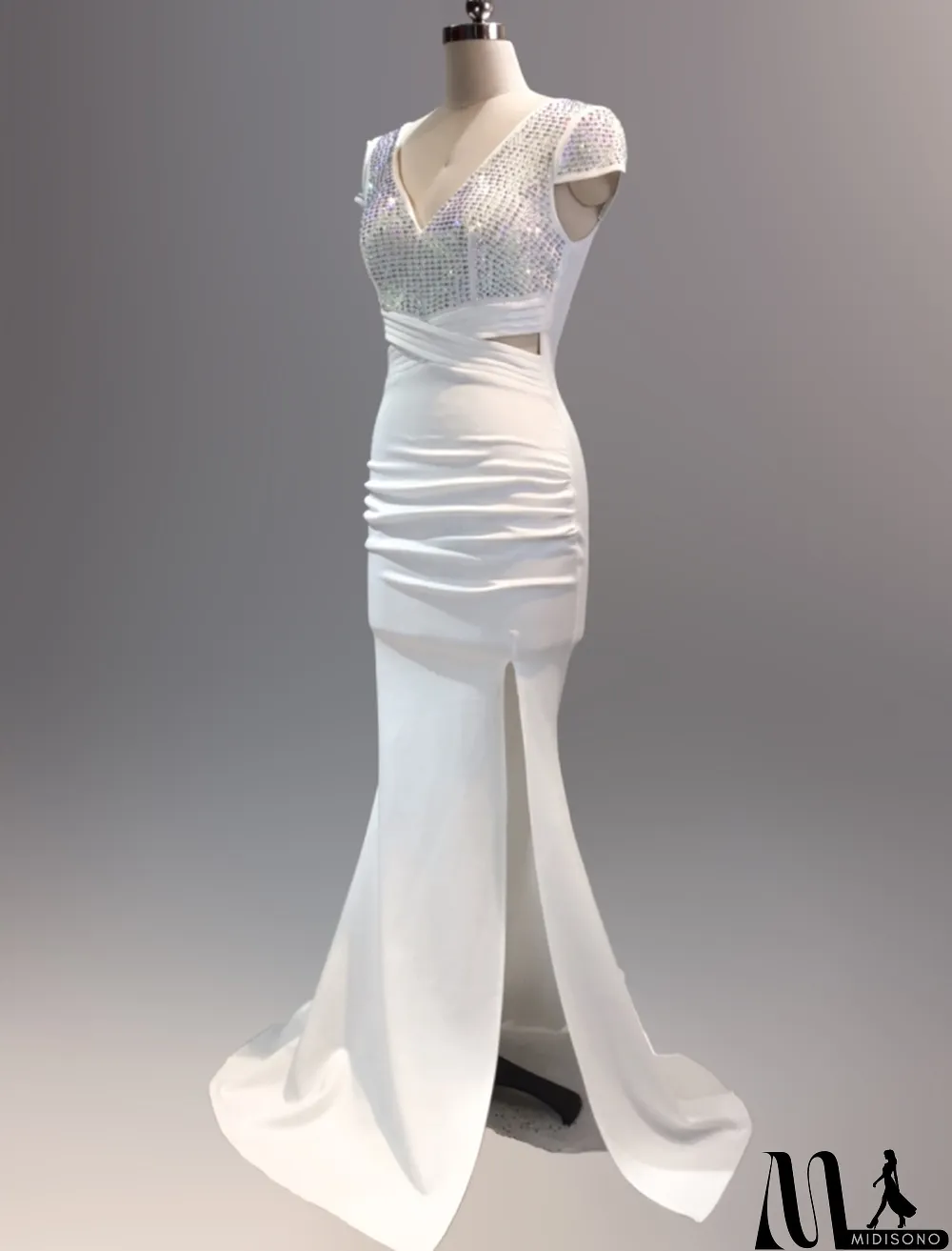 MidiSono - Spring Women Elegant White Rhinestone Beaded V Neck Short Sleeve Slit Formal Cocktail Evening Dress