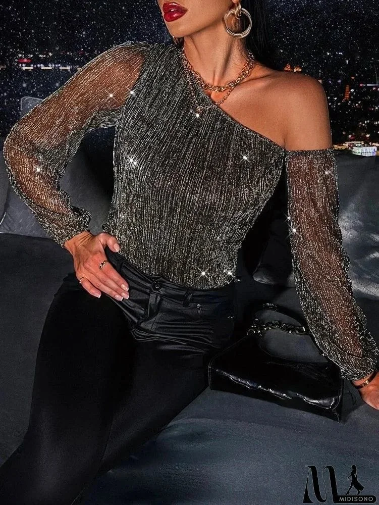MidiSono - Bohemia Long Sleeves Irregularity Sequined T-Shirts Tops