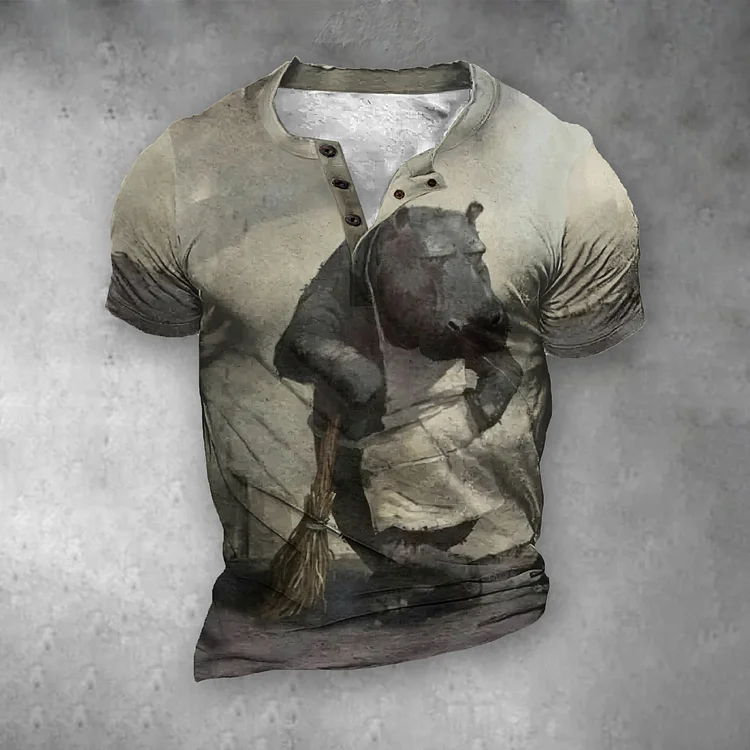 Men's Hippopotamus Print Vintage Graphic Henley Shirt