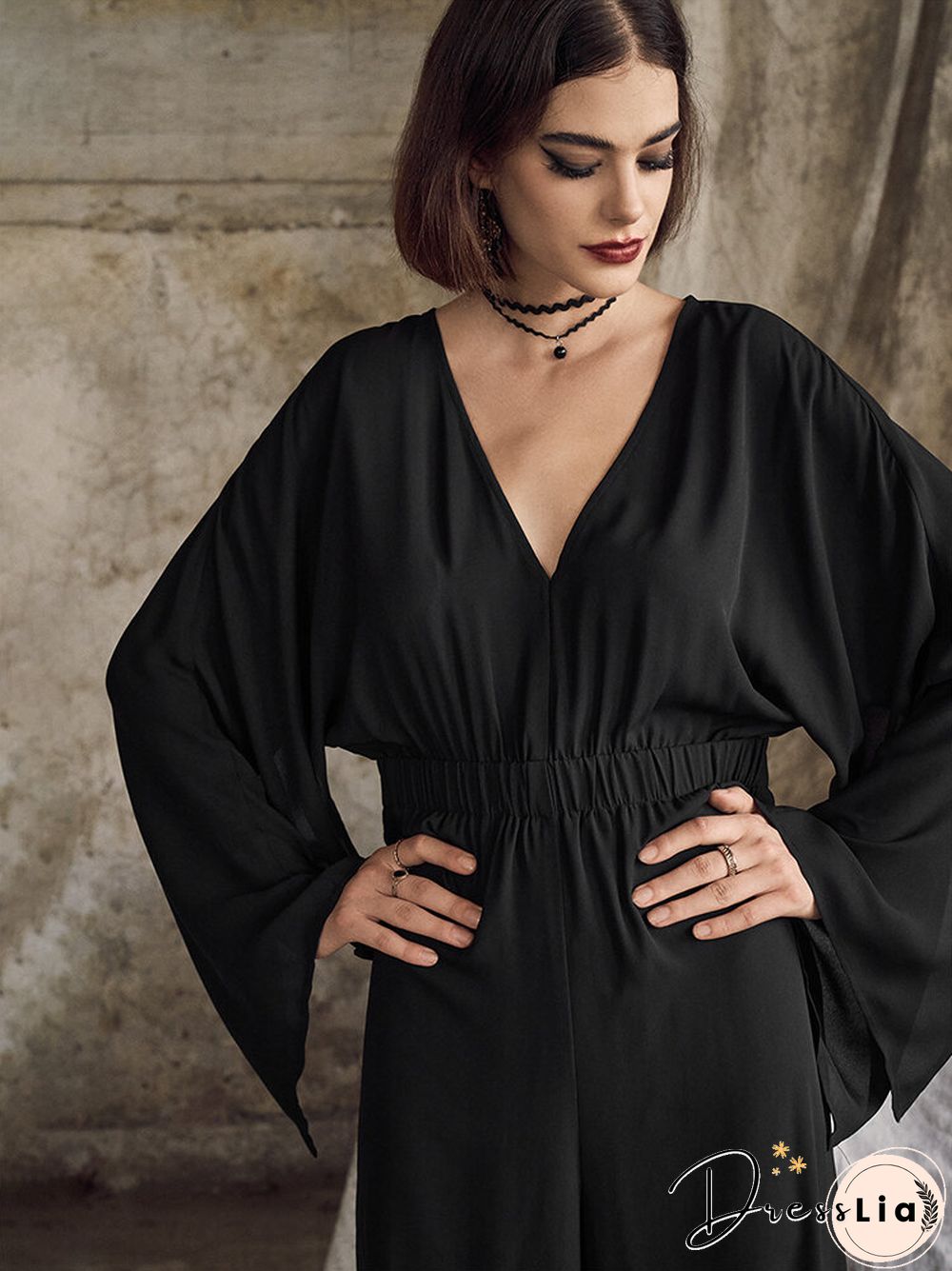 Solid Side Split Long Sleeve V-neck  Wide Leg Jumpsuit