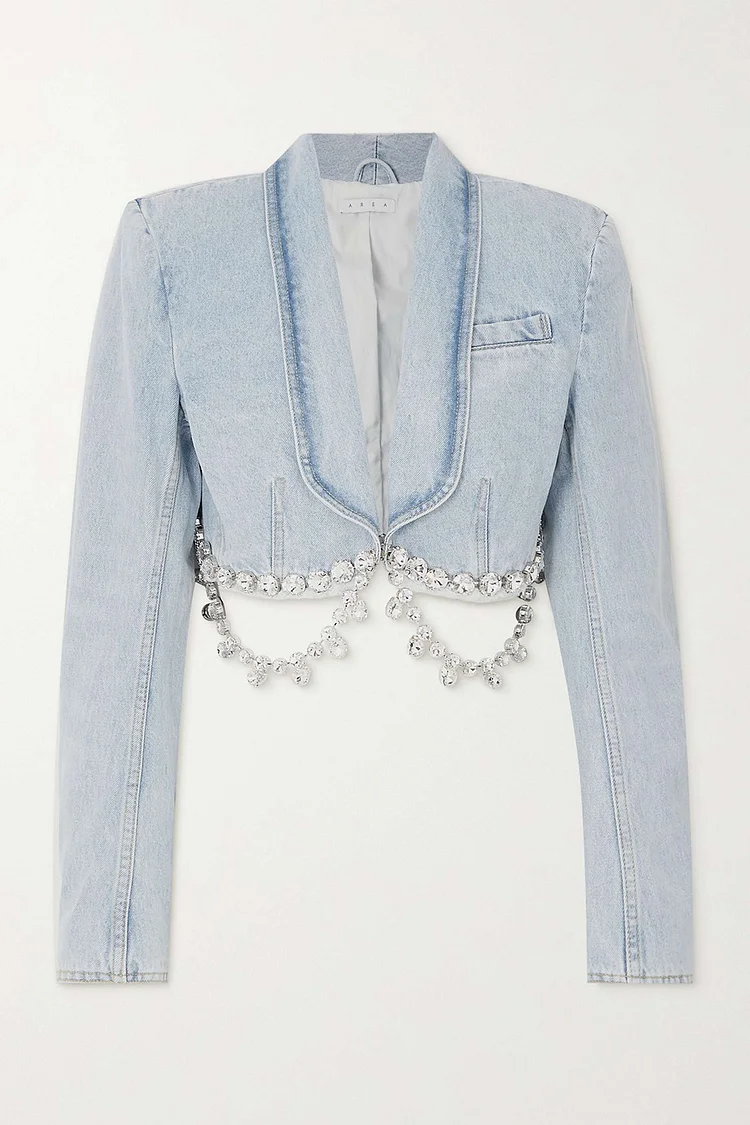 Fashion Crop Denim Coats Bodycon Skirt Drilling Chain 2 Pcs Set-Blue