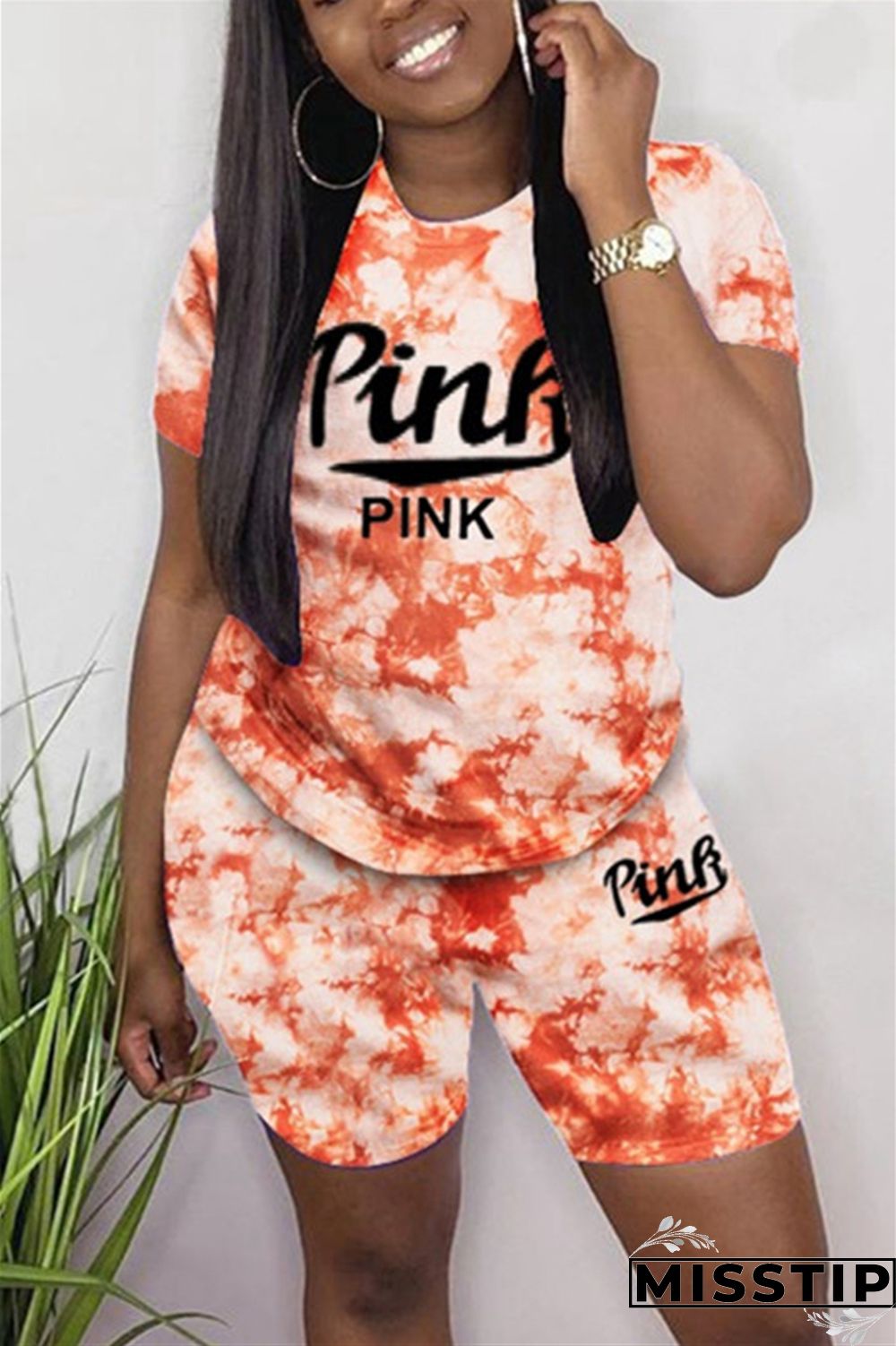 Green Fashion Casual Short Sleeve O Neck Regular Letter Print Tie Dye Two Pieces