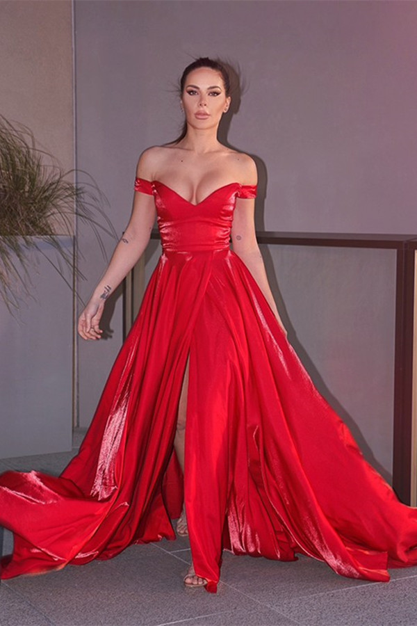 Amazing Red Off-the-Shoulder Long Evening Dress Split Online - lulusllly