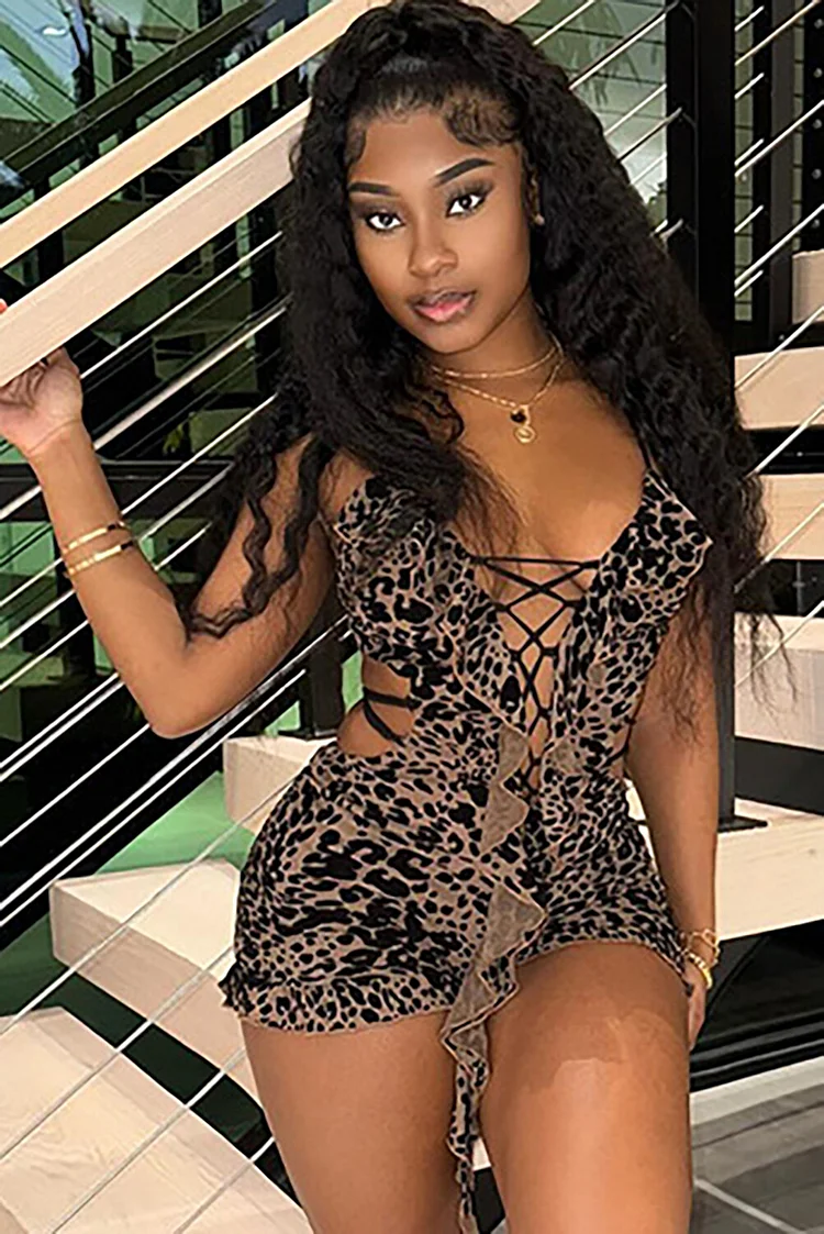 Leopard Print Lace Up Plunge Neck Ruffled Cutout Cami Playsuit Romper-Brown