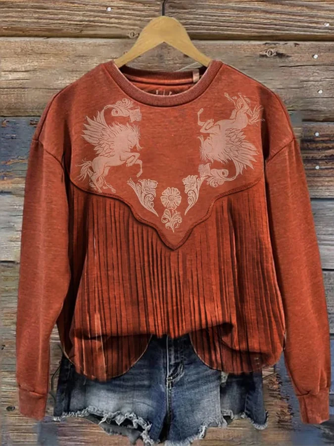 Casual Vintage Western Fringe Print Sweatshirt