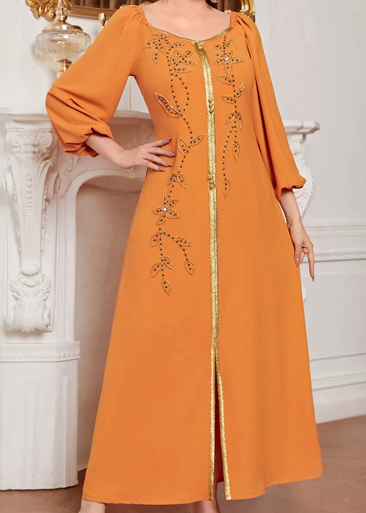 Chic Orange Square Collar Embroideried Lace Patchwork Silk Maxi Vacation Dresses Long Sleeve