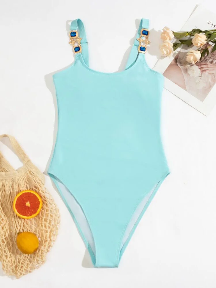 ZTVitality Sky Blue Diamonds One Piece Swimsuit 2021 New Arrival Padded Bra Straps Push Up Swimwear Women Bathing Suit Monokini