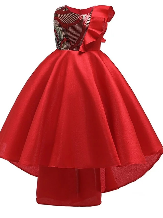 Hellodresses A-Line Asymmetrical Floor-length Flower Girl Dress Hi-Lo With Bow Ruffles