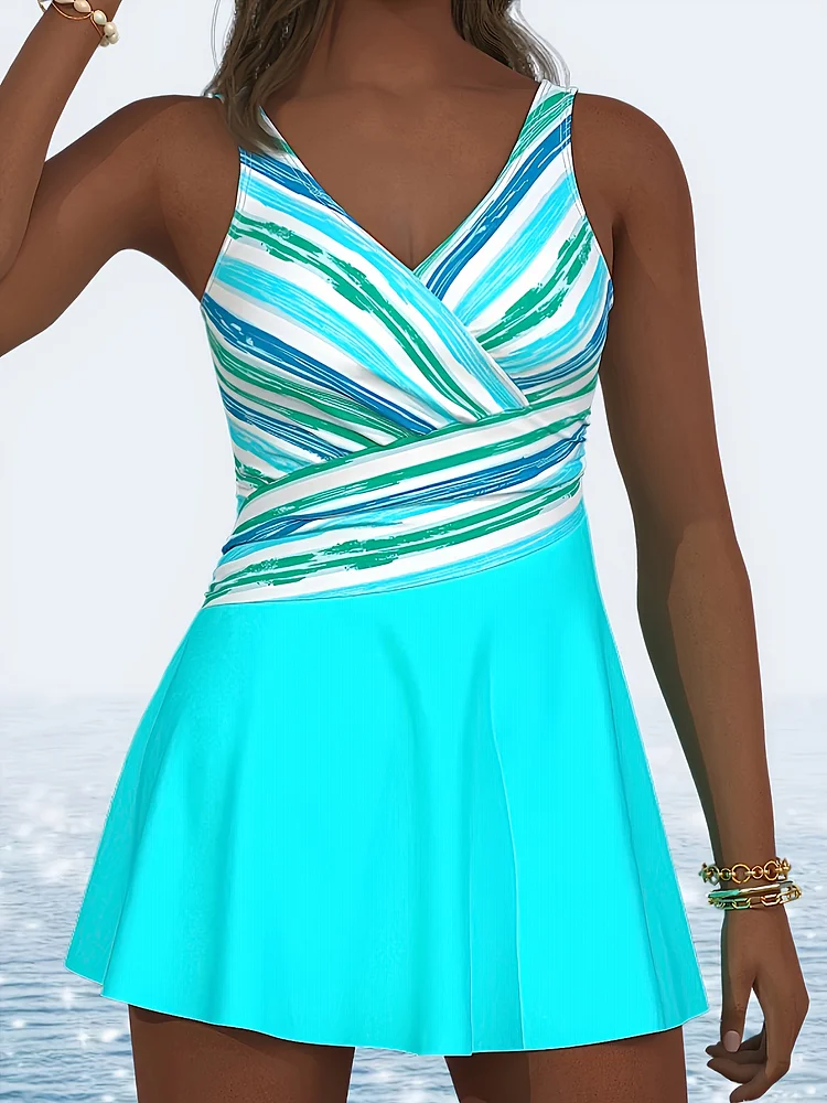 Ladies' Casual Striped Skirt One-Piece Swimsuit