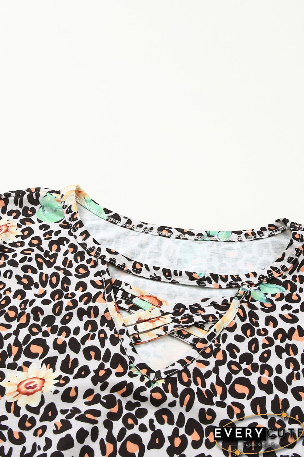 Leopard Sunflower Hollow Out Criss-cross Tee