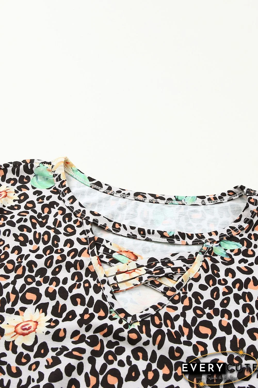 Leopard Sunflower Hollow Out Criss-cross Tee
