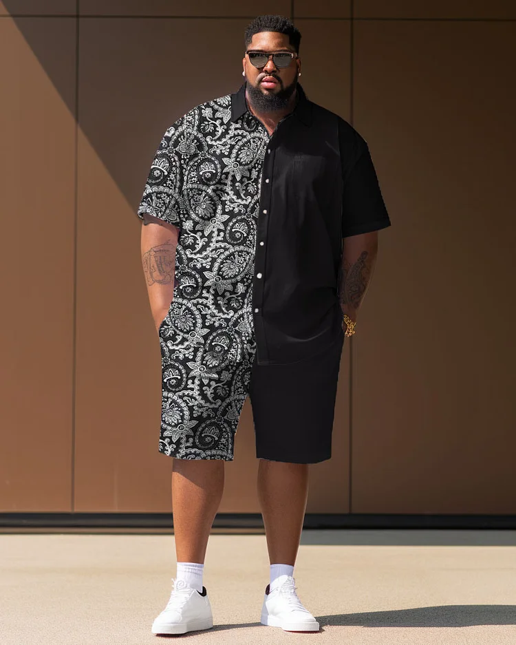 Men's Plus Size Casual Vacation Retro Pattern Short Sleeve Shirt Shorts Suit