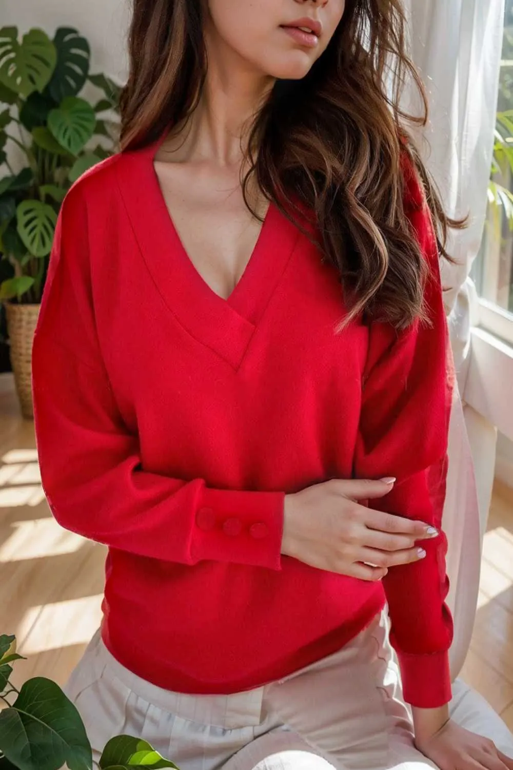 women s sweaters solid v neck long sleeve button sweater