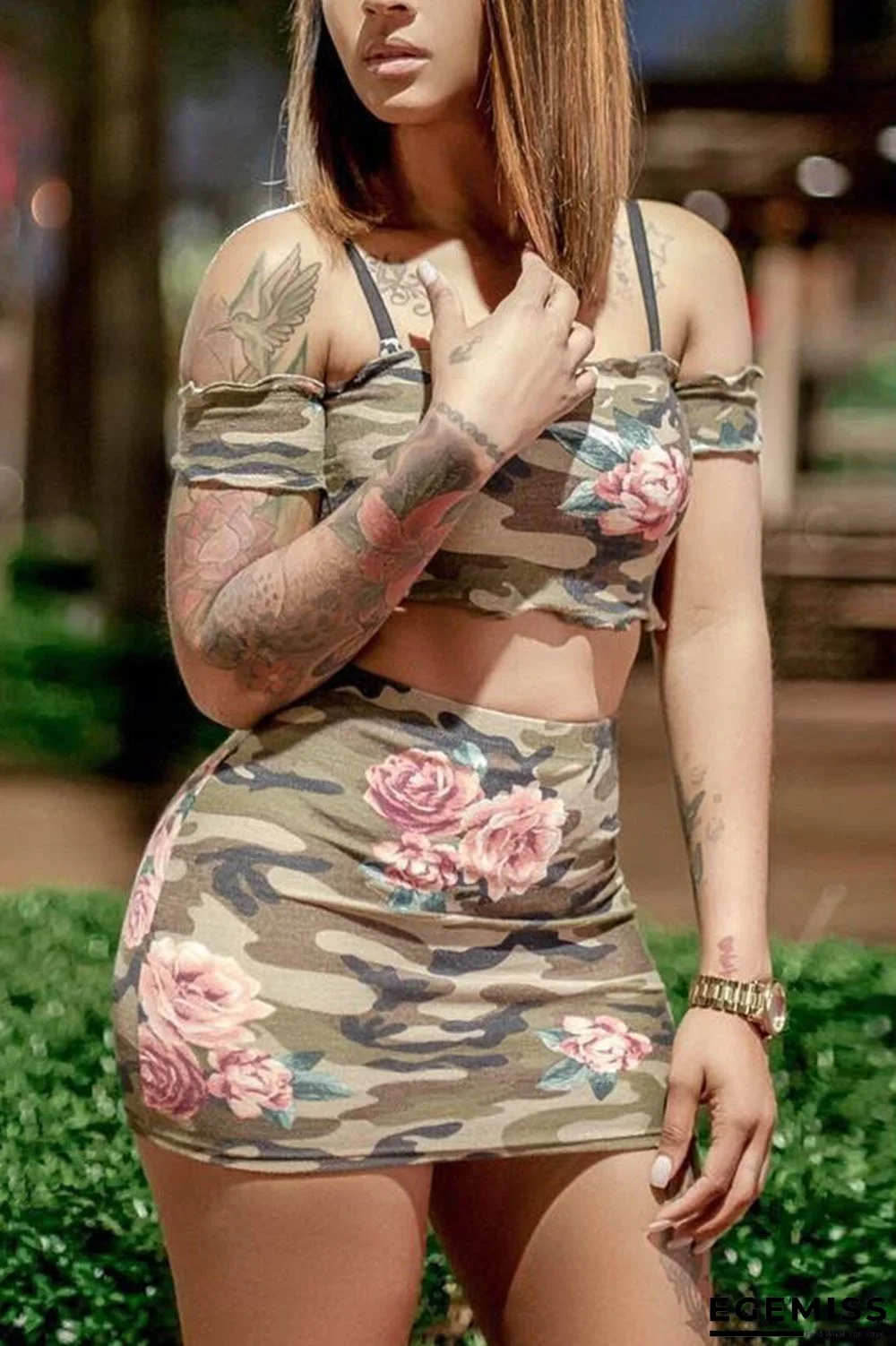 Green Fashion Sexy Camouflage Print Skirt Set | EGEMISS