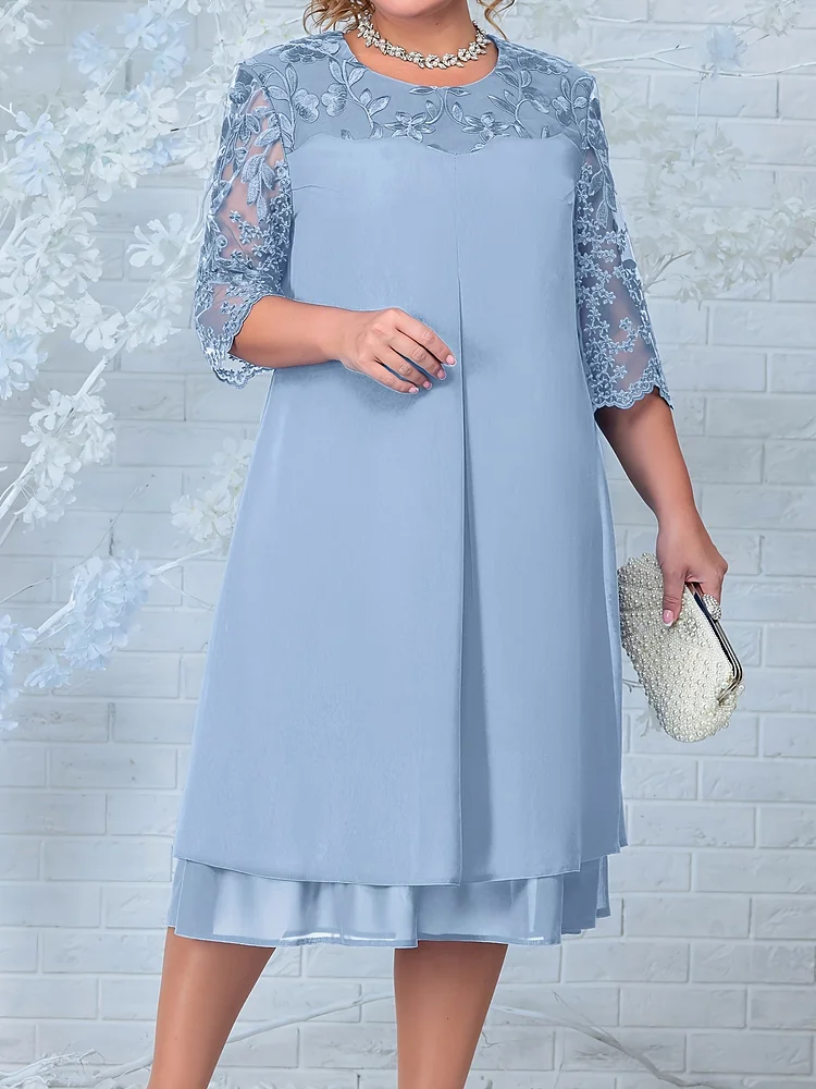 Blue Elegant Plus Size Embroidered Chiffon Midi Dress | Half Sleeve, Crew Neck, Knee-Length | Perfect For Weddings & Casual Outing