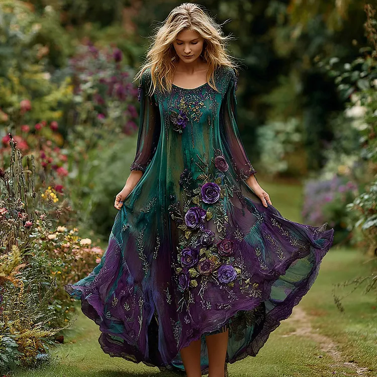 Women's Vintage Floral Embroidery Gradient Pattern Round Neck Long Sleeve Dress