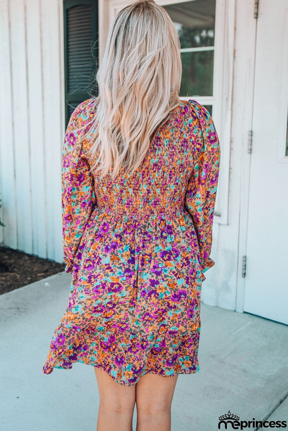 Smocked V Neck Puffy Sleeve Floral Dress