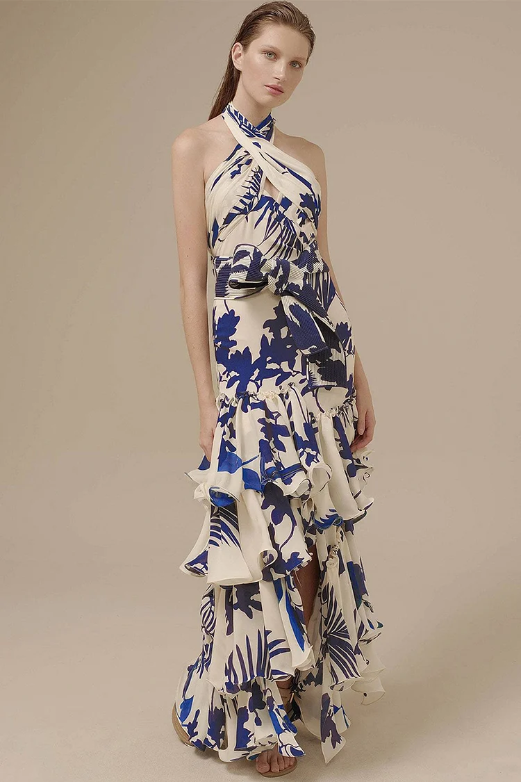 Semi Formal Blue Floral Print Halter Collar Tiered Maxi Dress