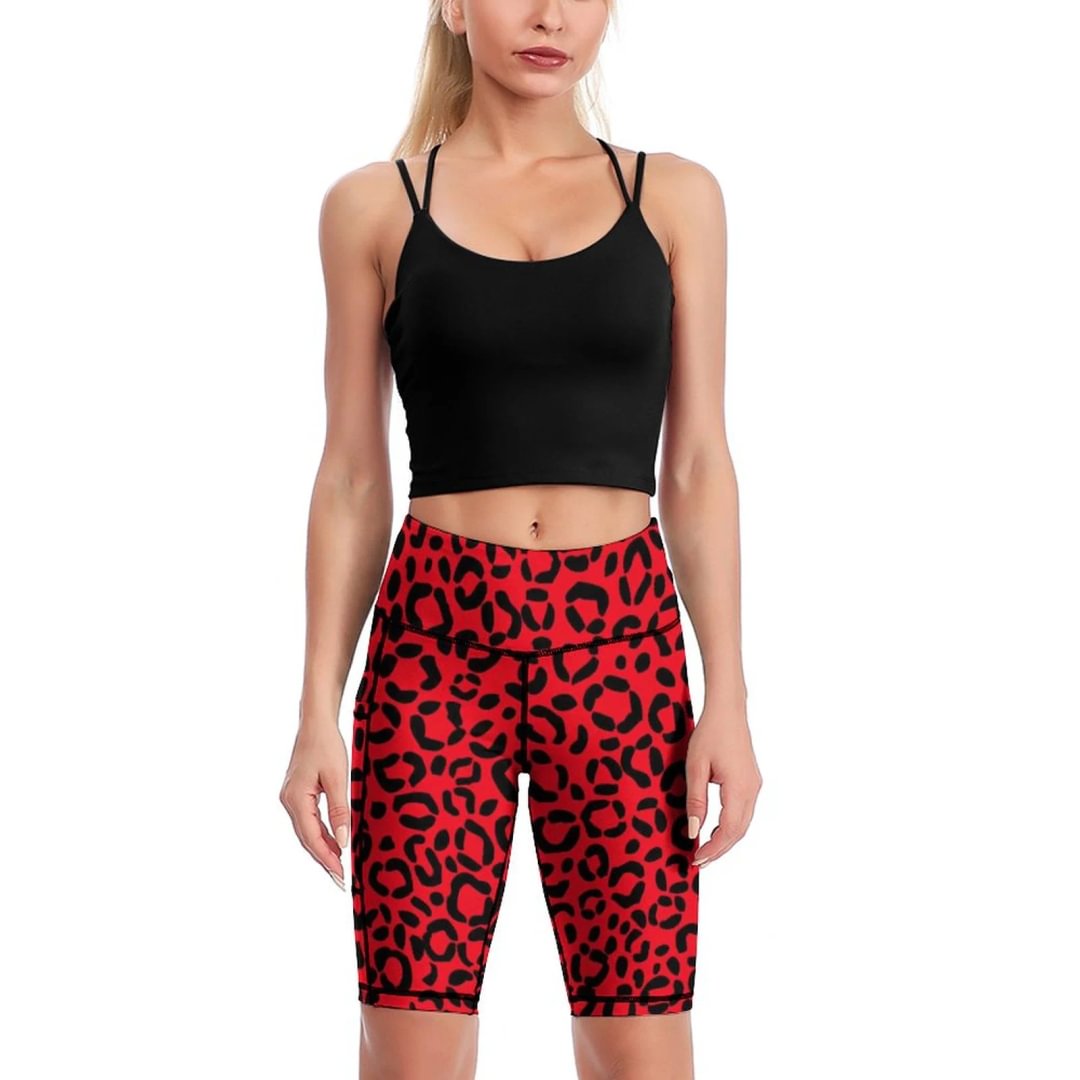 Wild Red And Black Leopard Print Fur Pattern Knee-Length Yoga Shorts Womens High Waist Running Biker Shorts with Side Pockets