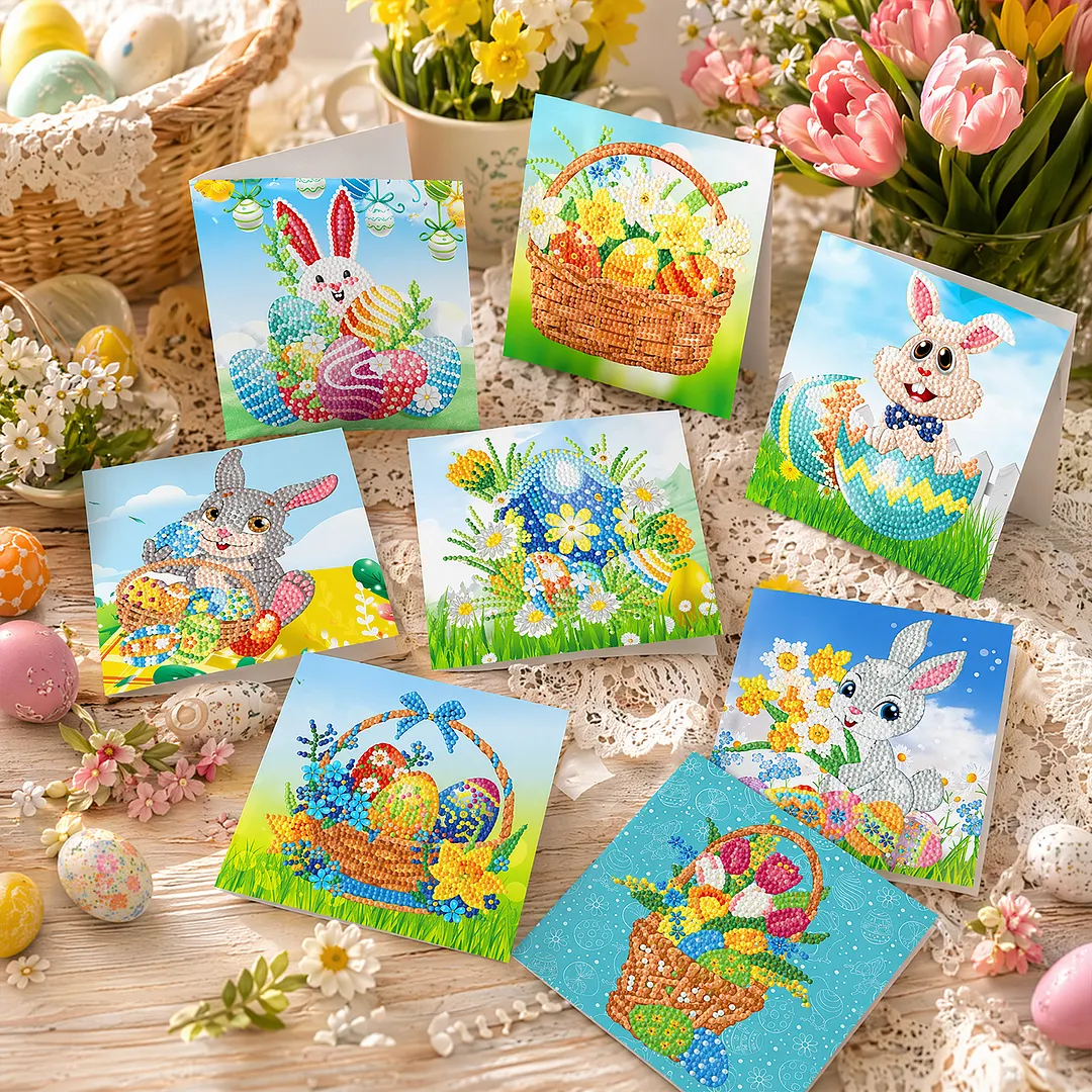 8PCS Easter Egg Rabbit DIY Diamond Painting Greeting Card Kits with Envelopes Diamond Art Greeting Cards Diamond Art Cards Kits for Adults DIY Crafts Family Friend Gifts