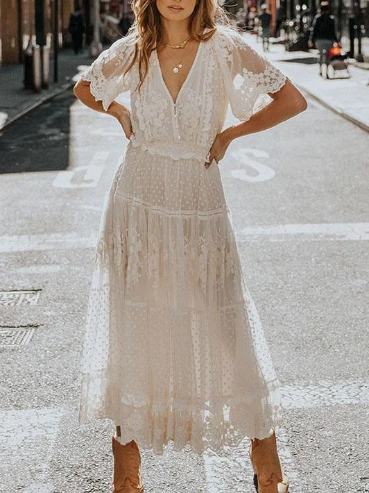 Lacework sleeve v-neck women summer dress