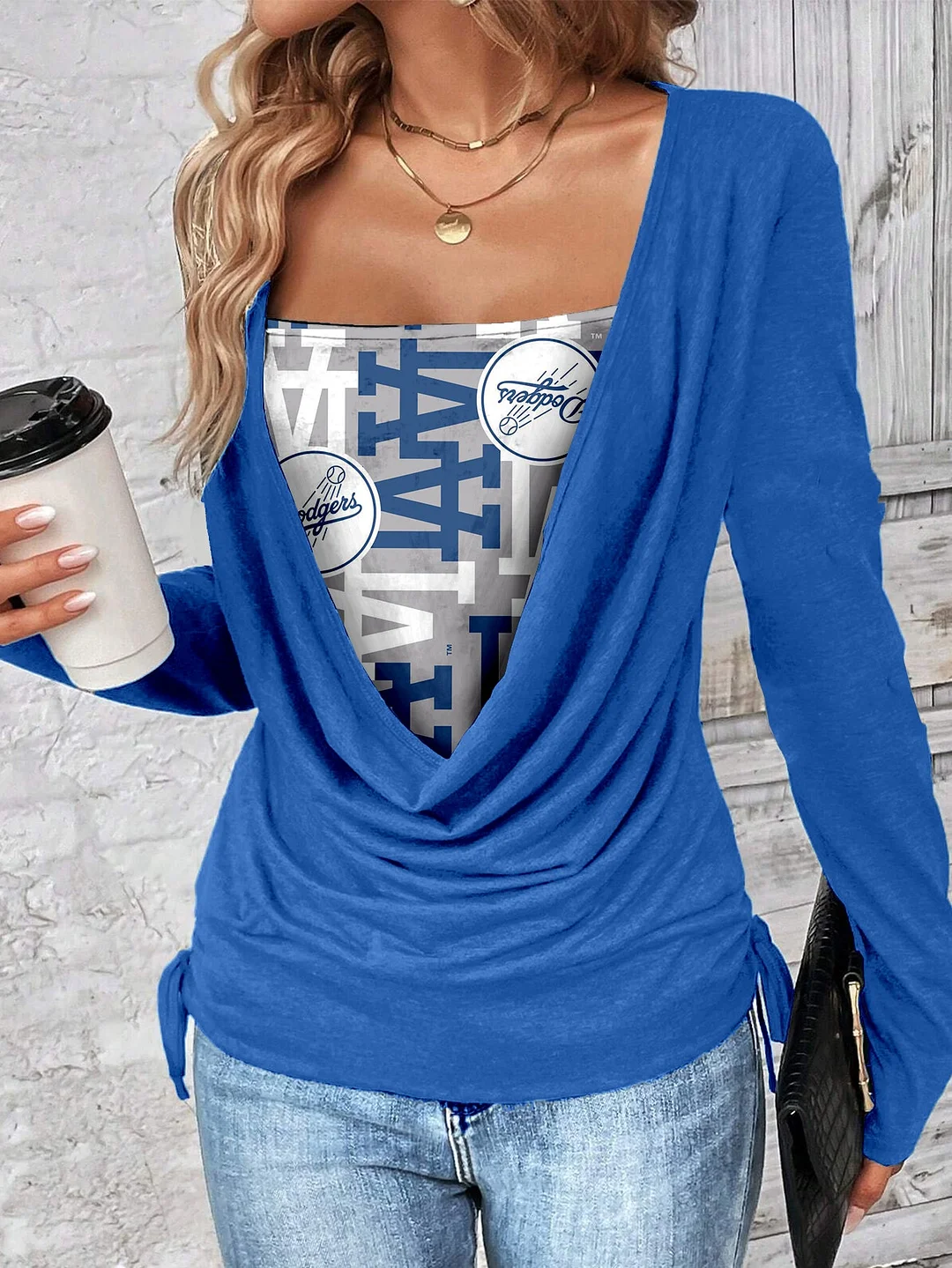 Contrast draped side drawstring T-shirt