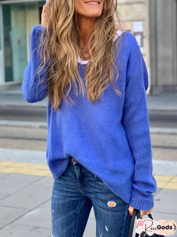 Blue Long Sleeve V Neck Shirts & Tops