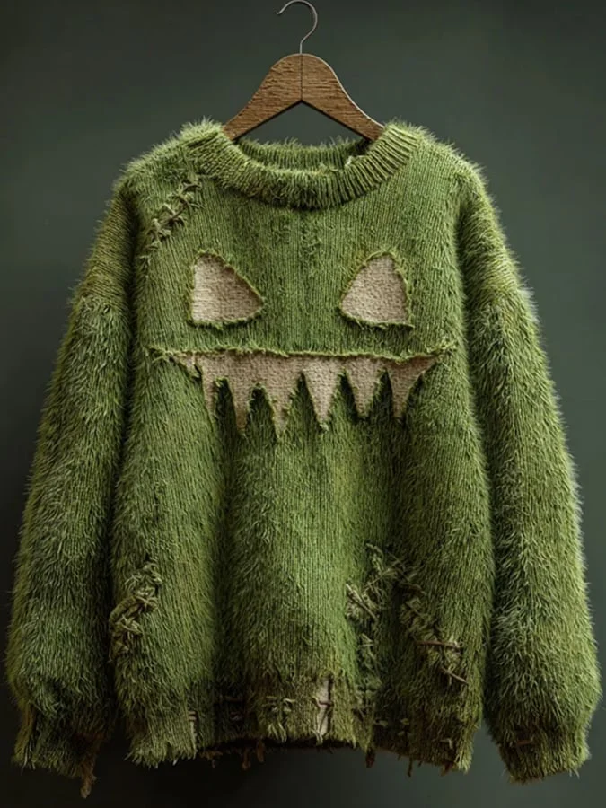 Women's Halloween spooky face print knitted sweater 