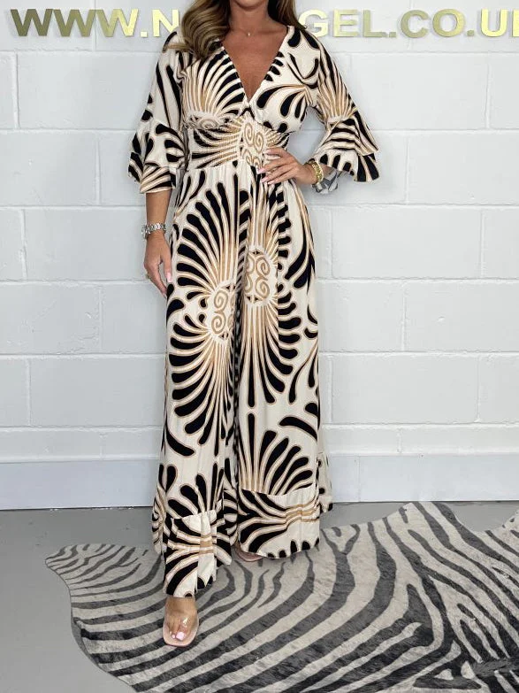 Black & Cream Bold Printed V Neck Jumpsuit