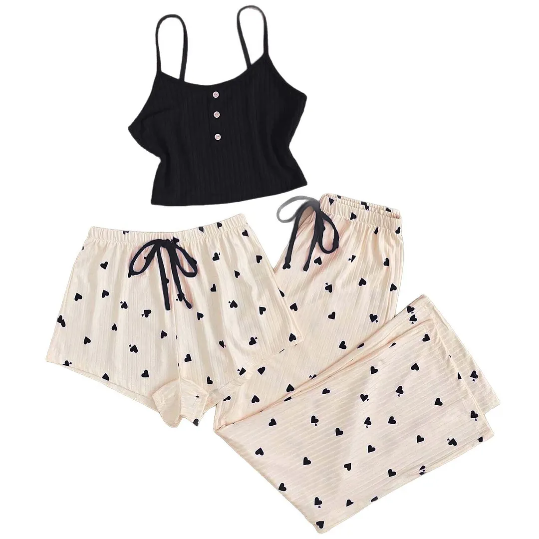 Churchf Pajamas Girls Spring And Summer New Sweet Cute Girl Three-Piece Set Of Advanced Thin Set Shorts Homewear