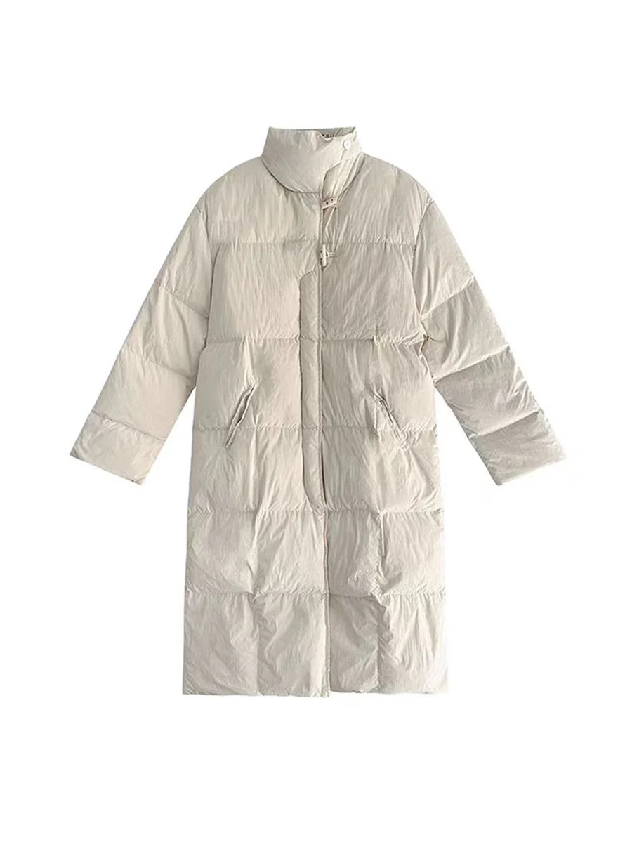 Woherb East Gate Korean Horn Buckle Long Down Jacket Female 2024 Winter Temperament Over The Knee And Thick White Duck Velvet Coat Tide-Outfit Ideas